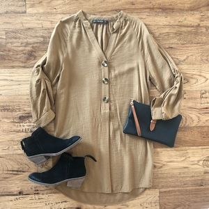 Zara Basic Shirt Dress Camel 3/4 Sleeves